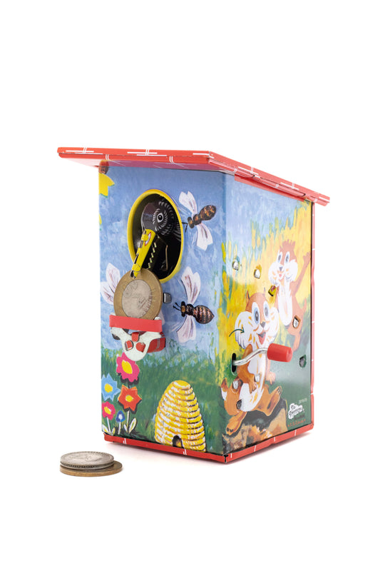 Hucha pájaro carpintero con casa de abejas