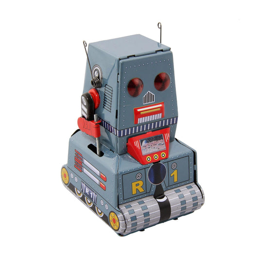 Robot R1 de hojalata gris