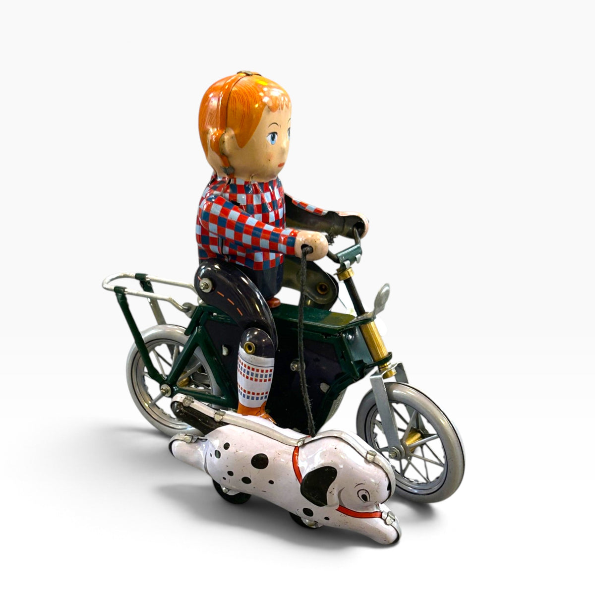 Niño en bicicleta con perro – Juguete de hojalata a cuerda