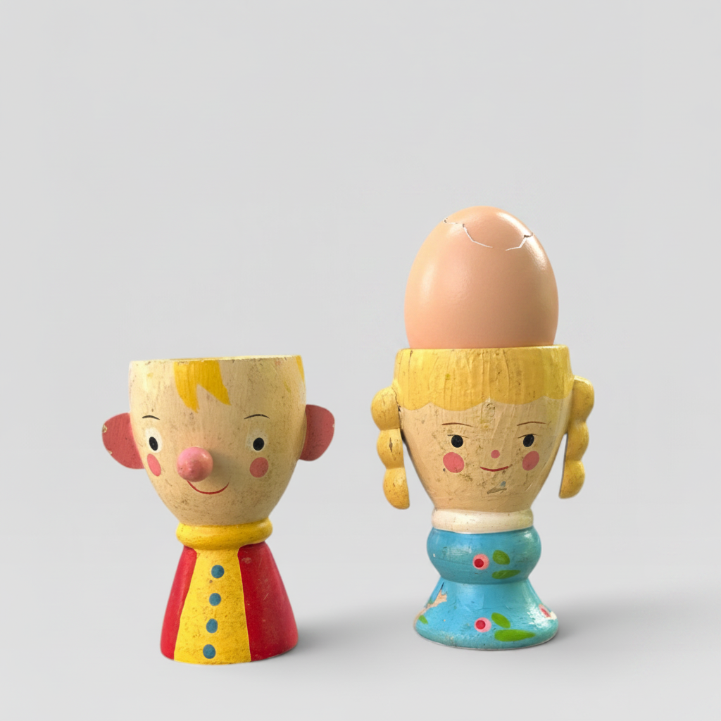 Hueveras de madera pintadas a mano — pareja niño y niña  Marca: Sevi, Italia