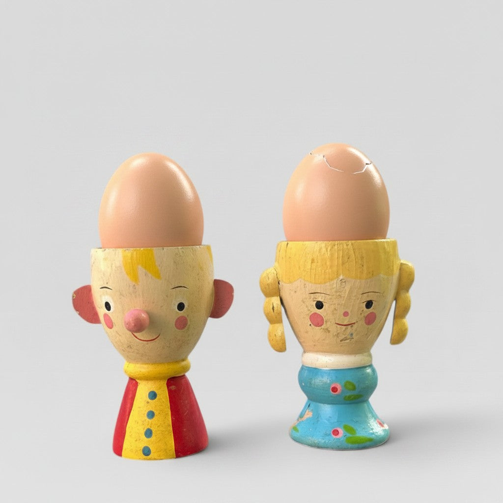 Hueveras de madera pintadas a mano — pareja niño y niña  Marca: Sevi, Italia