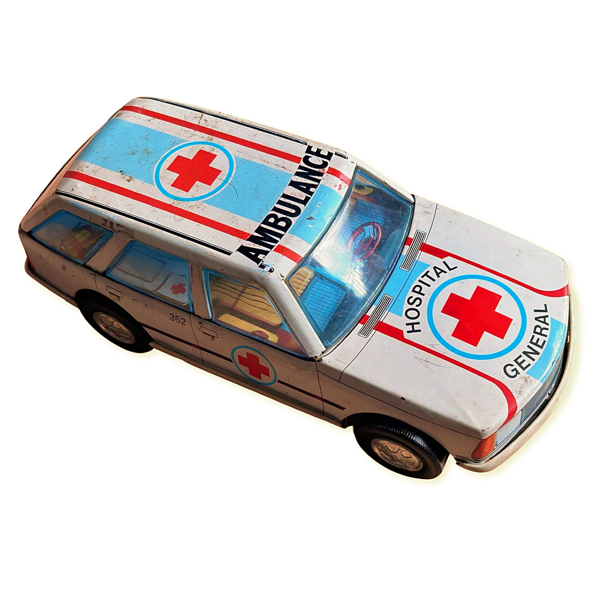 Coche Ambulancia Renault hojalata a fricción. Hospital General, Marca juguetes Román, origen España 1980