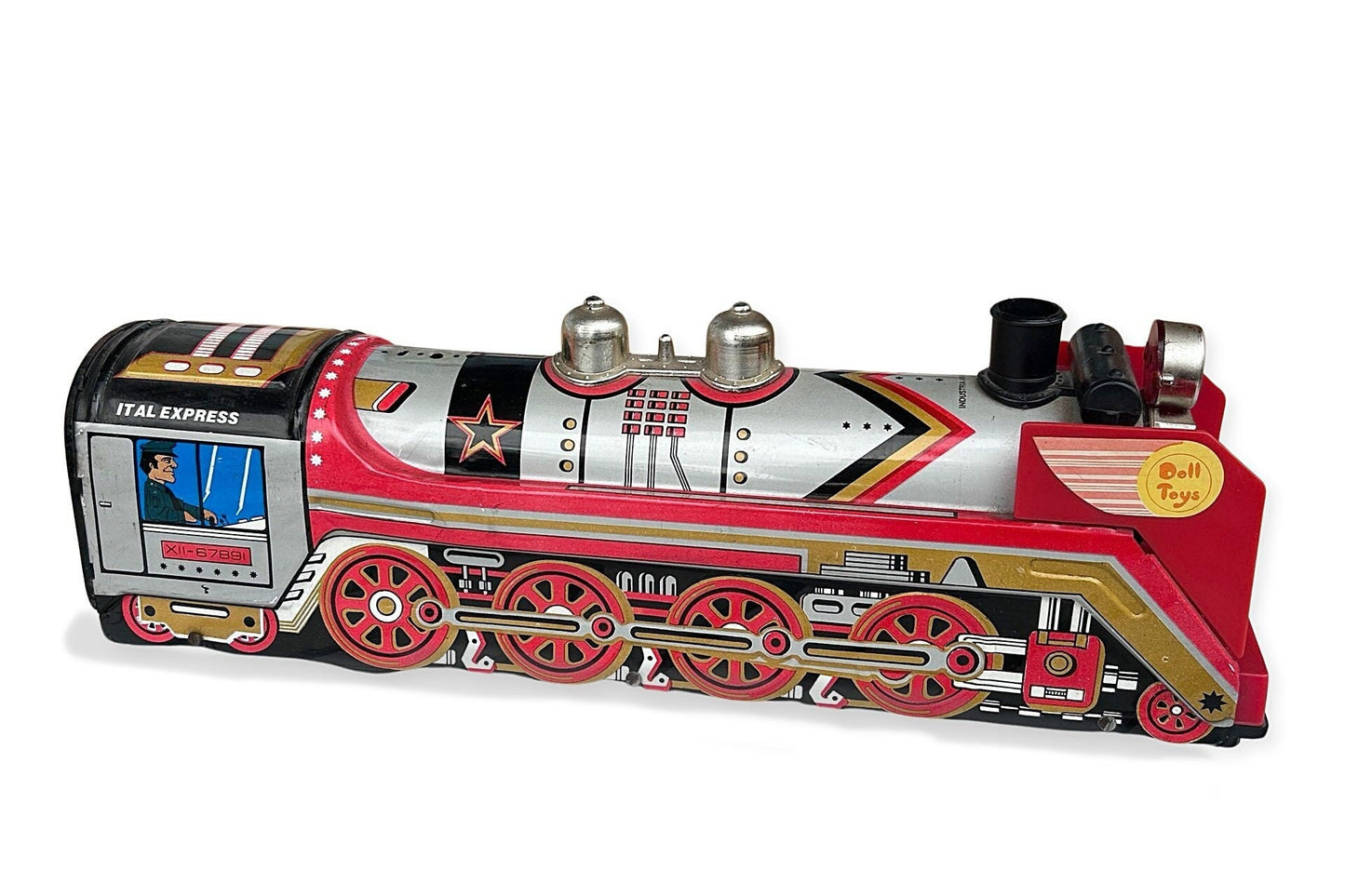 Locomotora tren hojalata y plástico Marca Doll Toys, Ital Express XII-67891. Origen Argentina años 70s. Vintage, tren a fricción con sirena.