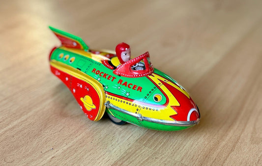 Rocket Racer Retro cohete espacial hojalata a fricción, juguete coche vintage cohete litografiado con sonido a sirena
