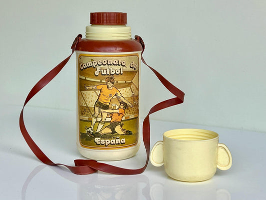 Cantimplora vintage Campeonato de Fútbol España años 70 – termo infantil retro 0.5 L – ilustración deportiva – coleccionismo juguete español
