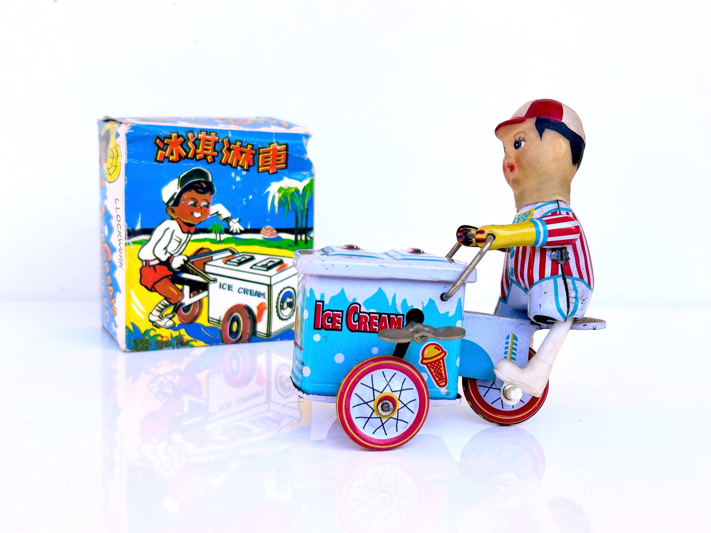 Vintage Tin Toy Ice Cream Vender Wind-Up Tricycle – 60s/70s China – Works – Original Box – Retro Decor Kitsch Toy