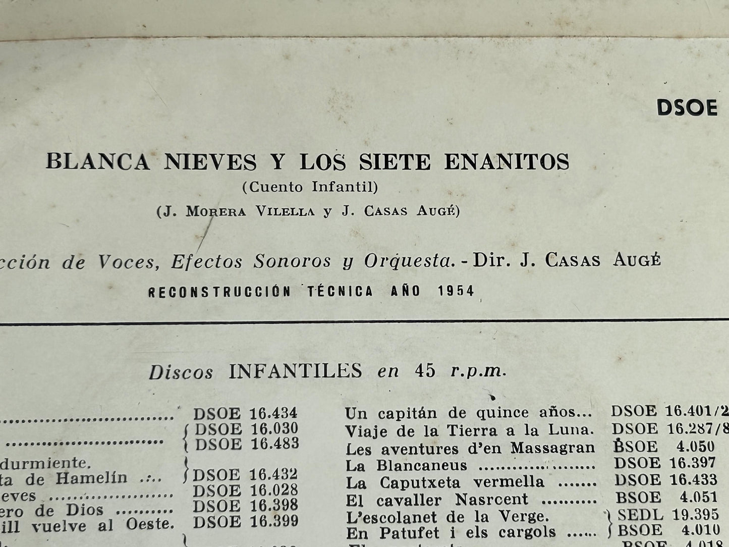 Vinilo Blancanieves · 45 RPM Odeón 1954