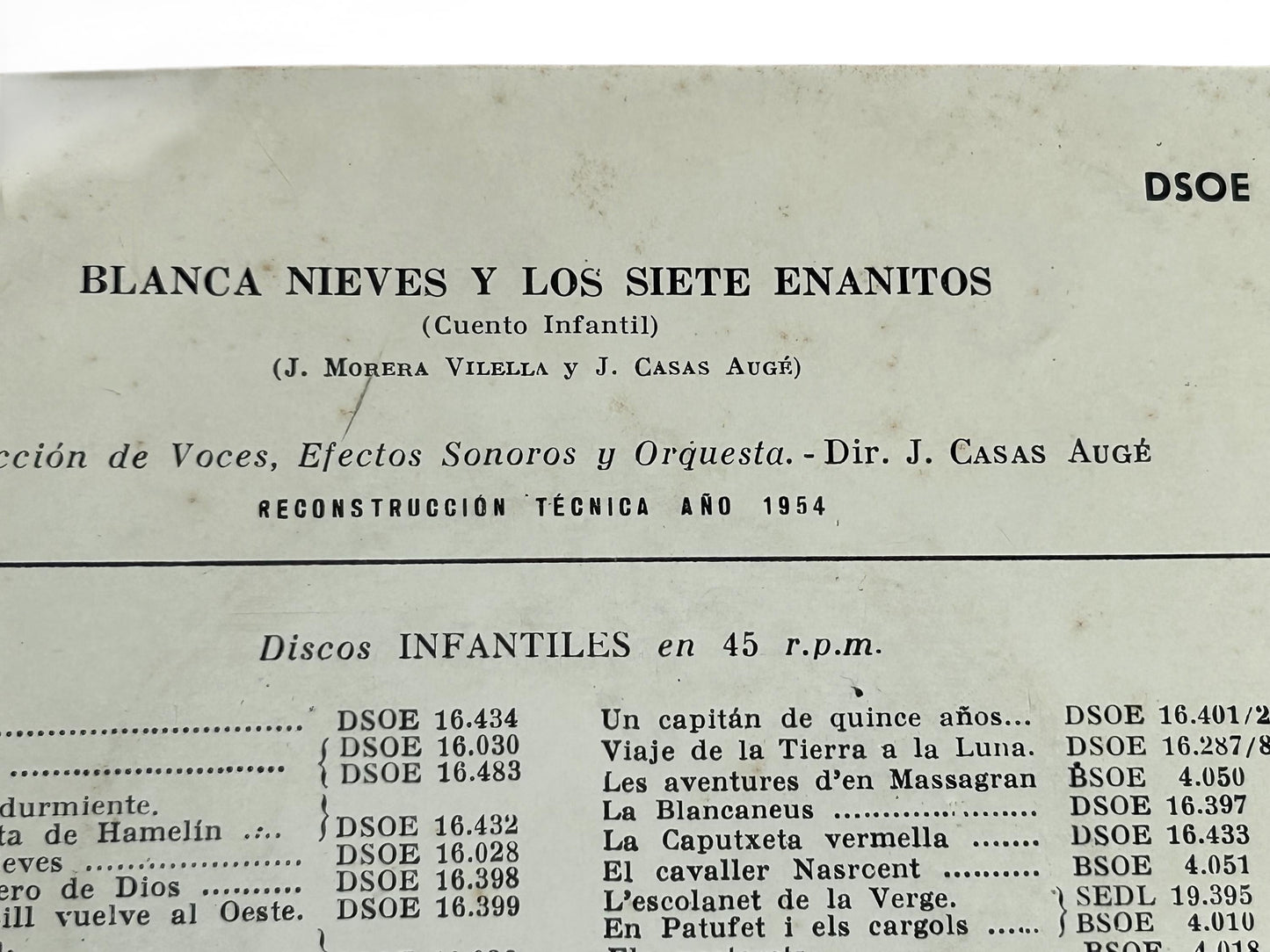 Vinilo Blancanieves · 45 RPM Odeón 1954