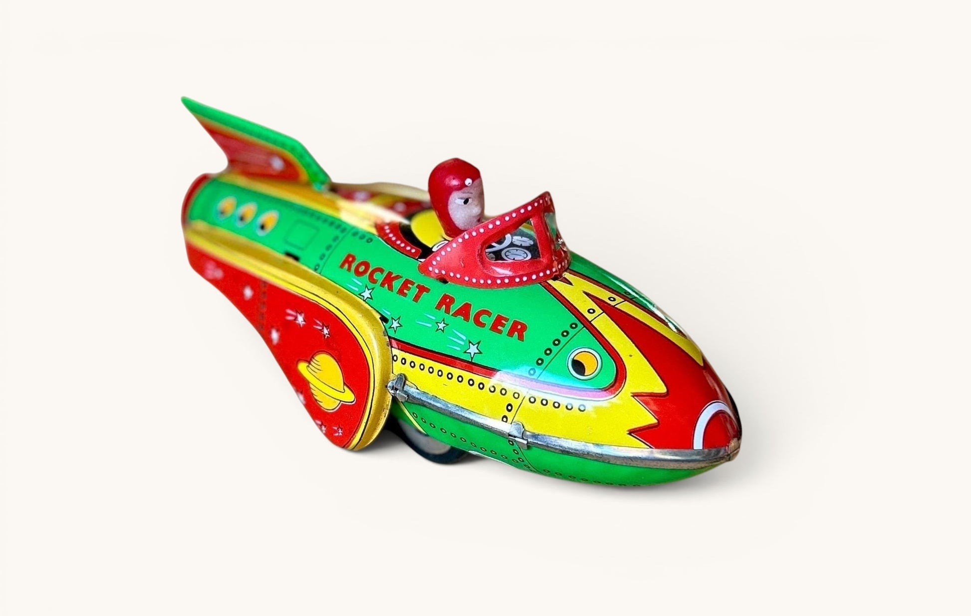 Rocket Racer Retro cohete espacial hojalata a fricción, juguete coche vintage cohete litografiado con sonido a sirena