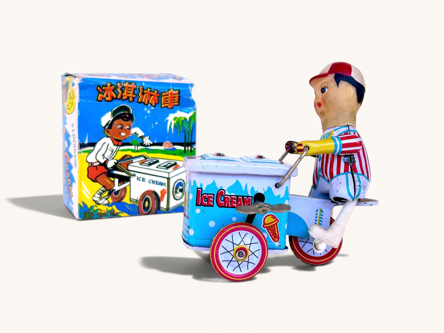 Vintage Tin Toy Ice Cream Vender Wind-Up Tricycle – 60s/70s China – Works – Original Box – Retro Decor Kitsch Toy