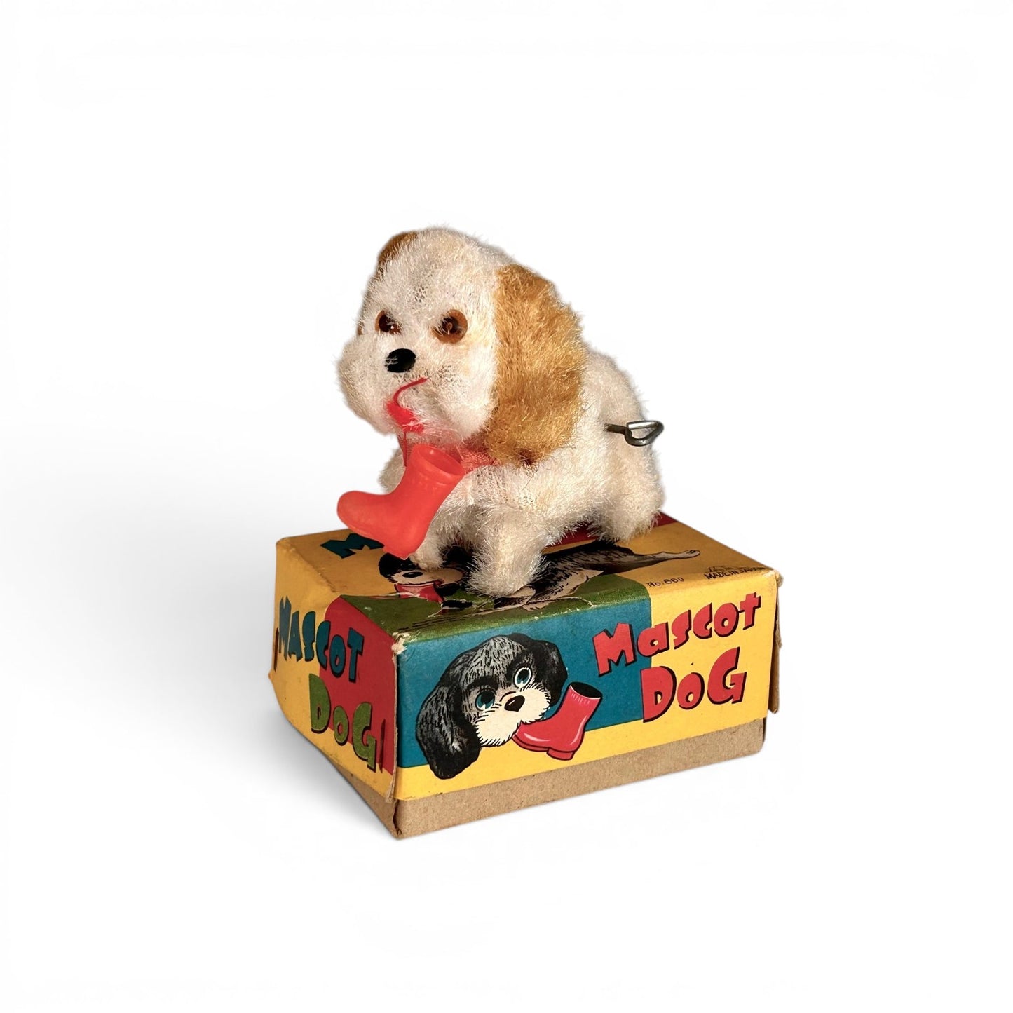 Juguete mecánico vintage “Mascot Dog” años 50s | Japón | Perro a cuerda con caja original | Peluche retro coleccionable