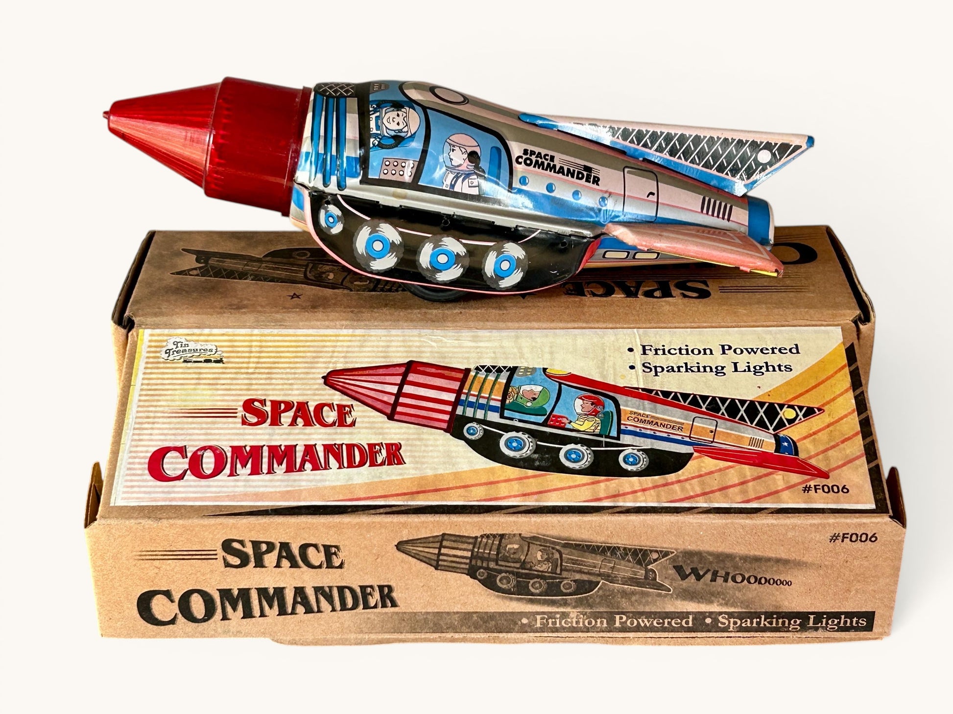 Space Commander. Retro juguete espacial hojalata a fricción, cohete vintage litografiado. 1990