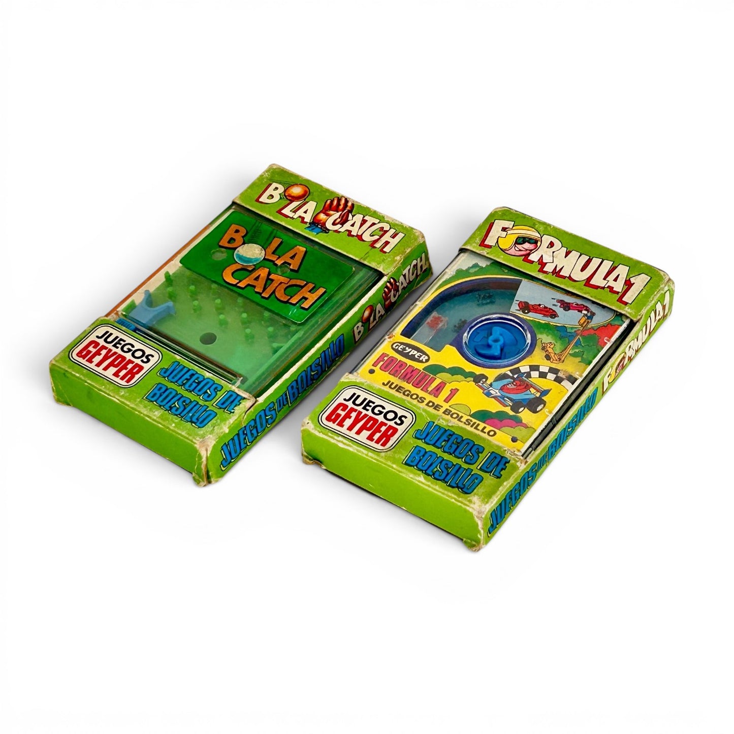 Juegos de bolsillo Pocketeers x 2 unid.  Fórmula 1 + Bola Catch, fabricados en España por Geyper bajo licencia TOMY 1978