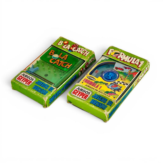 Juegos de bolsillo Pocketeers x 2 unid.  Fórmula 1 + Bola Catch, fabricados en España por Geyper bajo licencia TOMY 1978