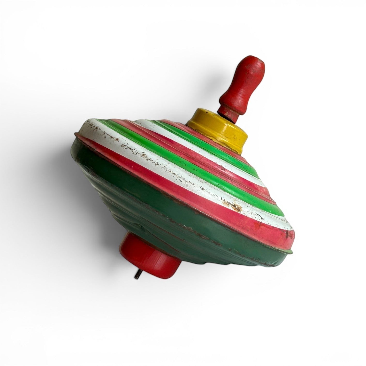 Trompo vintage de metal y madera con rayas de colores de Retrópica Tienda, juguete clásico de los años 60.